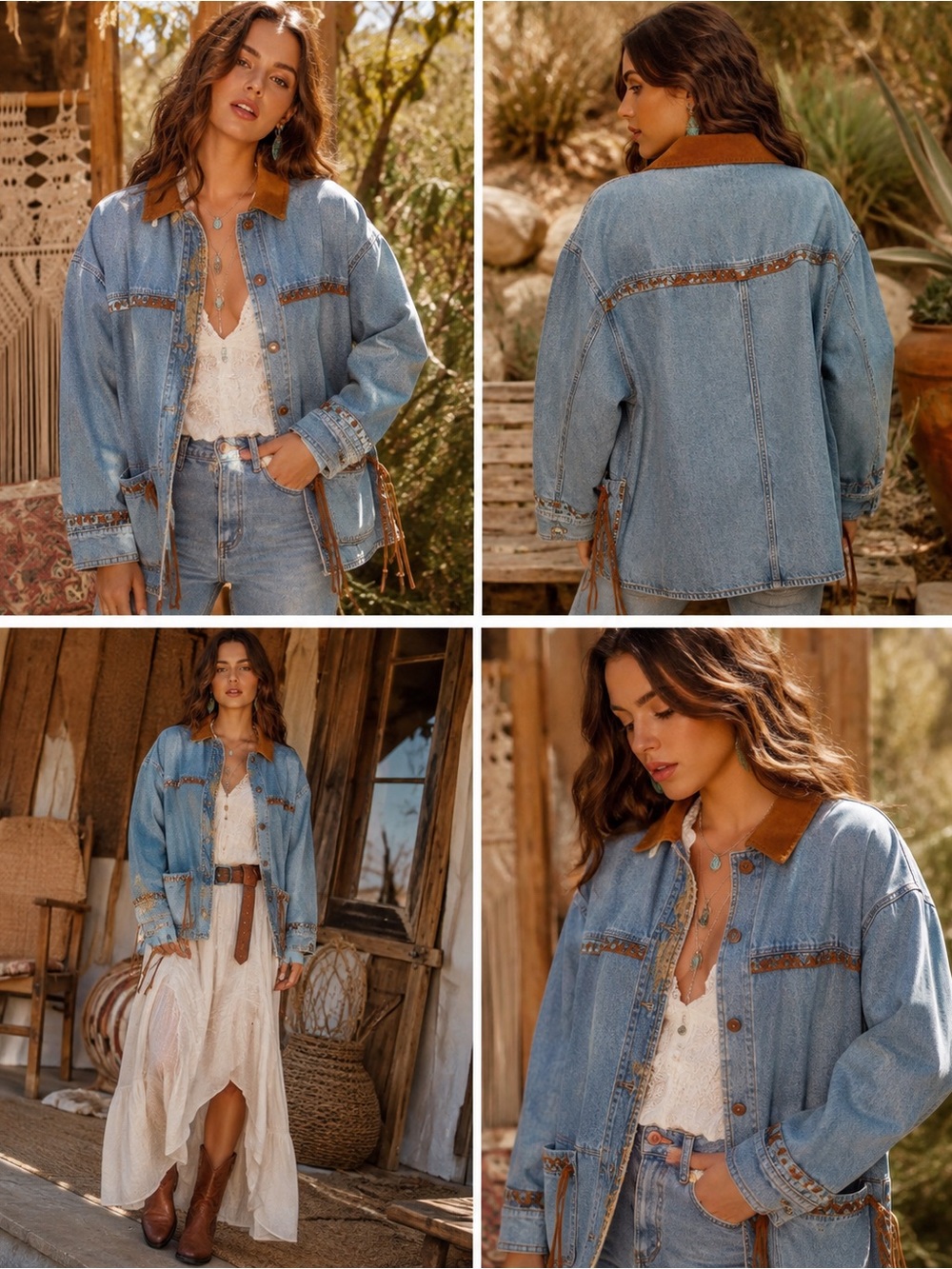 Vintage AT Sport Denim Jacket S Fringe Western Southwestern Boho Oversized